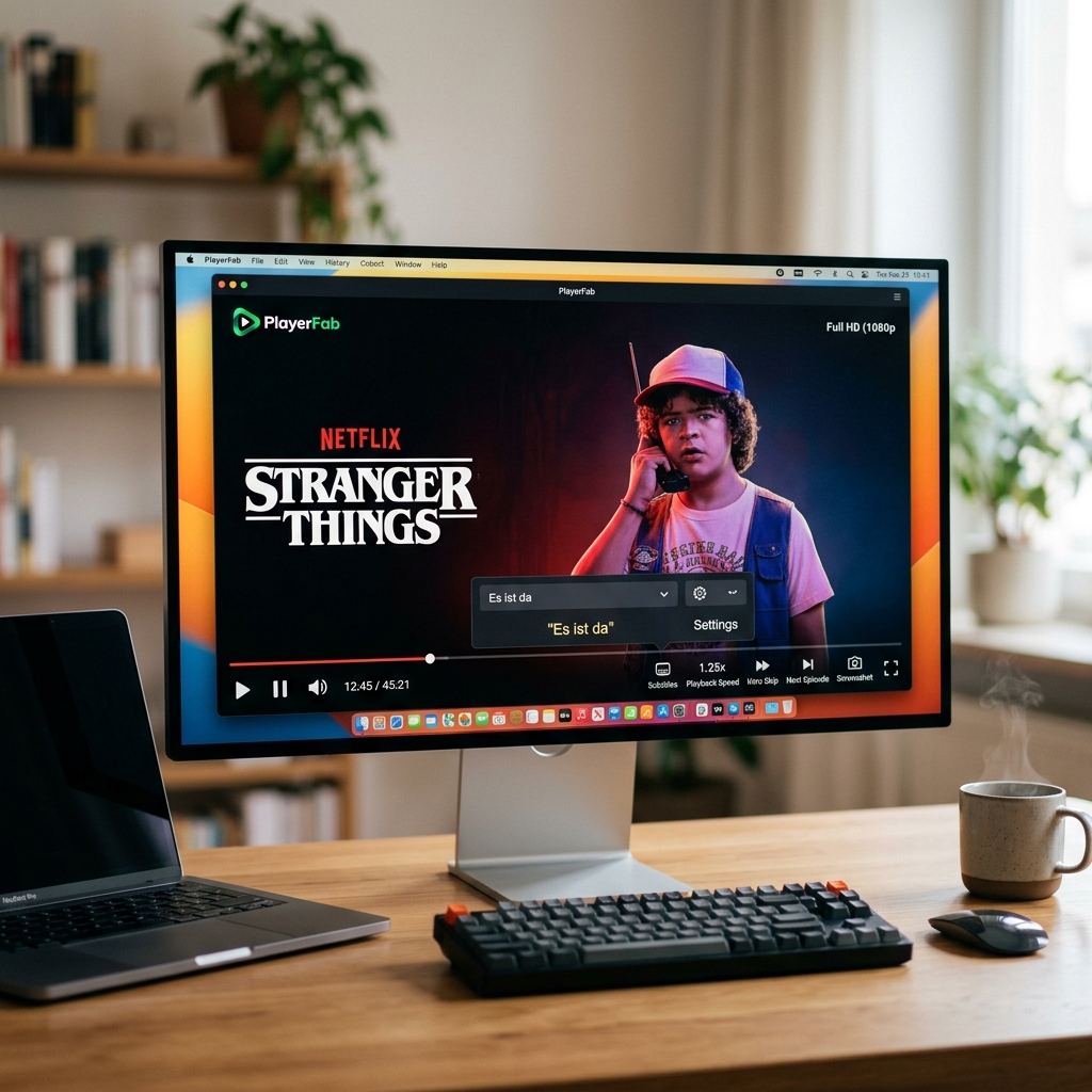 Bildschirm mit Netflix-Streaming von Stranger Things und Laptop