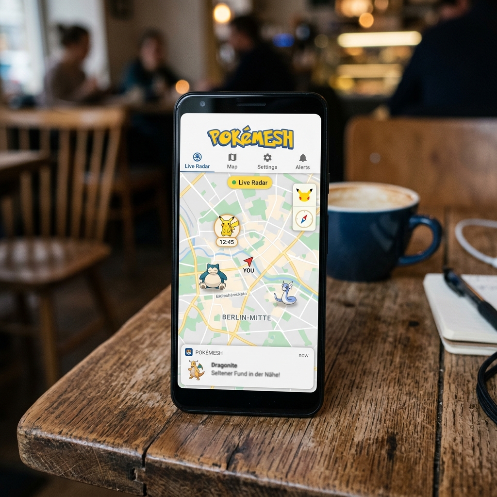 Smartphone zeigt Pokemesh App mit Pokémon-Figuren und Standortkarte
