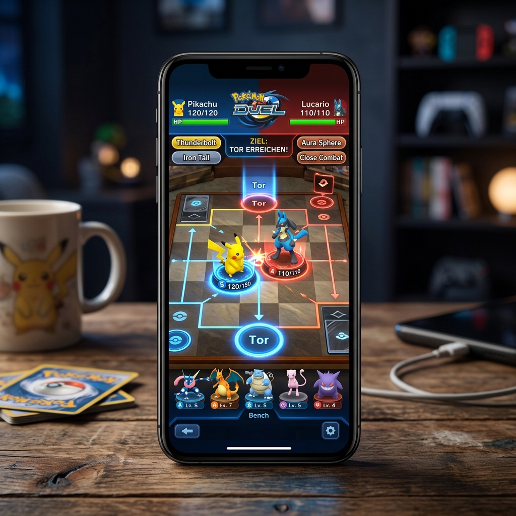 Screenshot eines Pokémon Duel Spiels mit Pikachu und Lucario auf einem Smartphone.