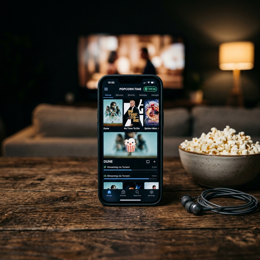 Smartphone zeigt Popcorn Time App mit Filminformationen und Popcorn