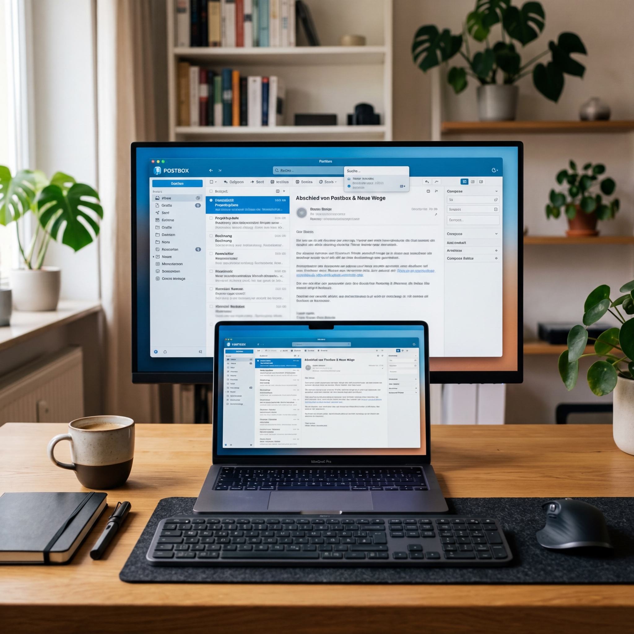 Ein Schreibtisch mit einem Laptop, Monitor und Pflanzen im Hintergrund.