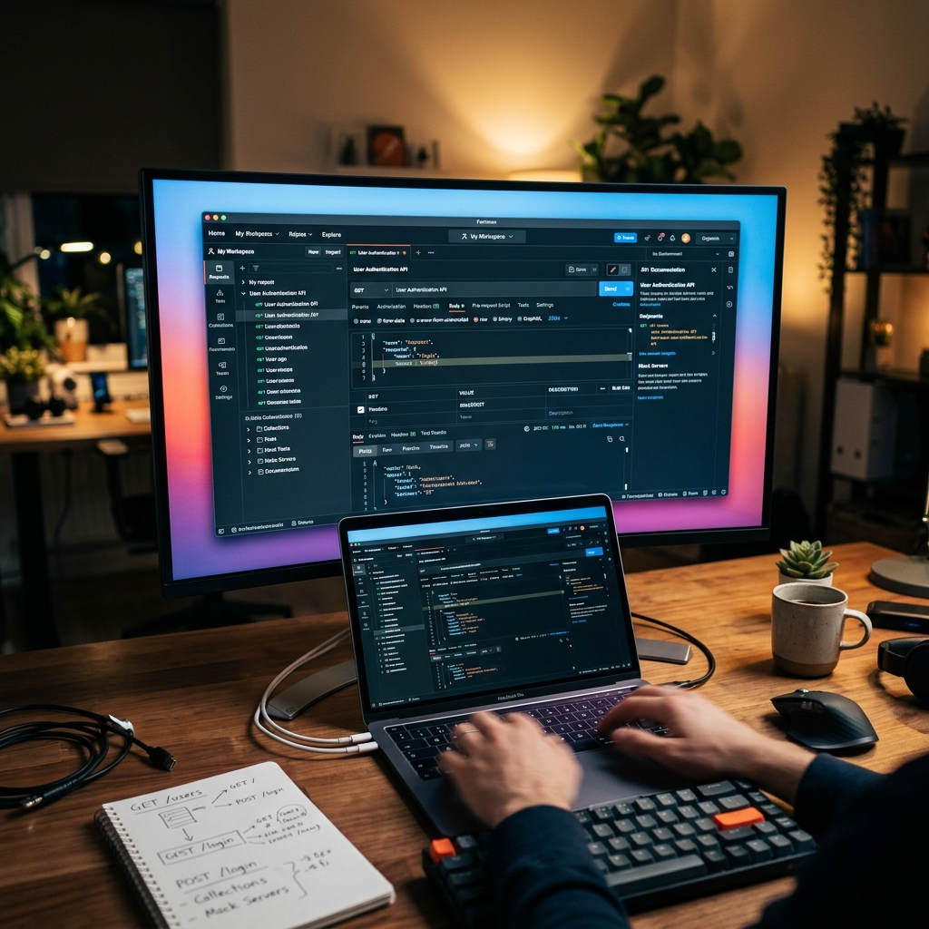 Bild eines Programmierers mit Monitor und Laptop in einem modernen Arbeitsumfeld