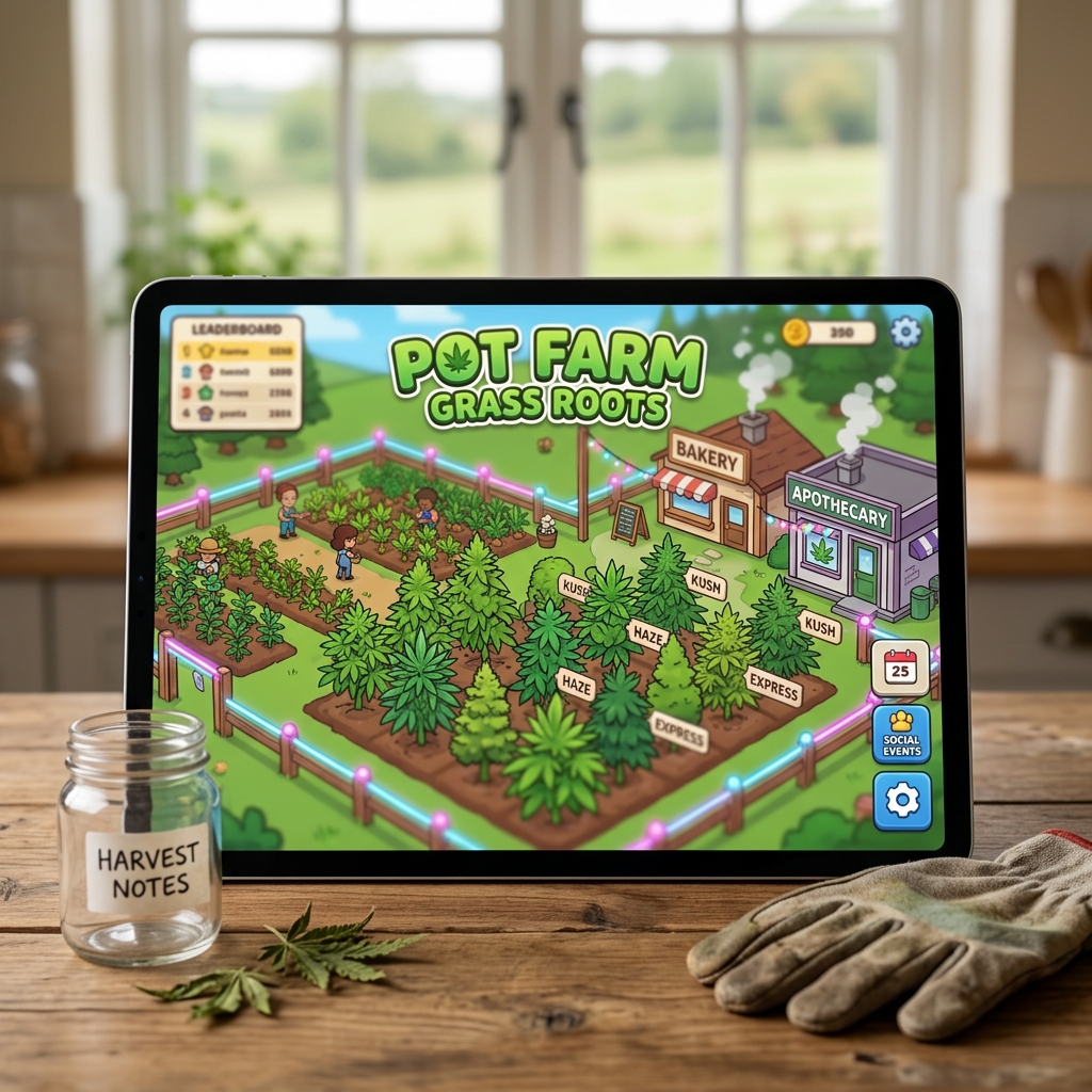 Screenshot von Pot Farm Grass Roots mit Pflanzen und Geschäften