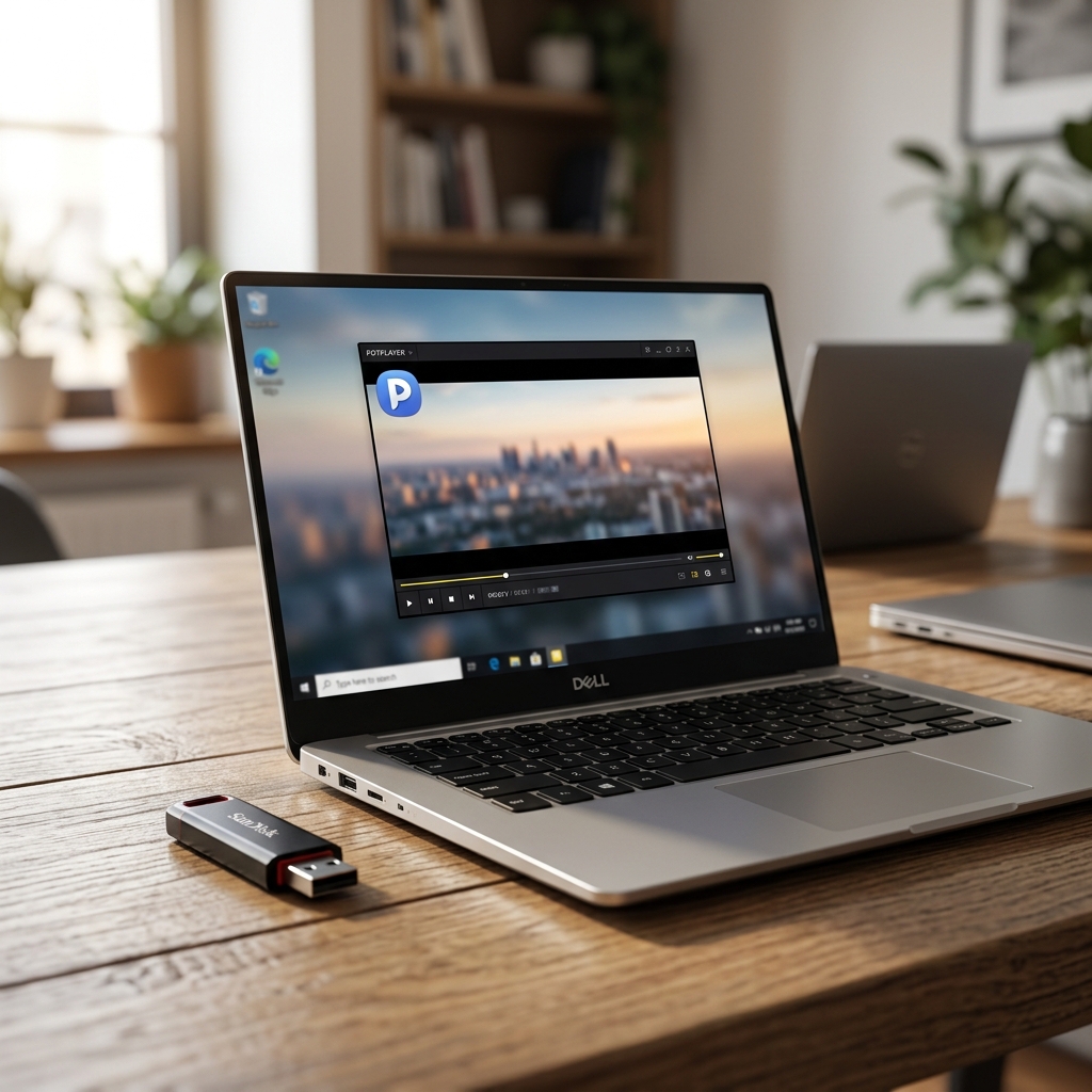 Laptop auf einem Holztisch mit USB-Stick und Videoplayer