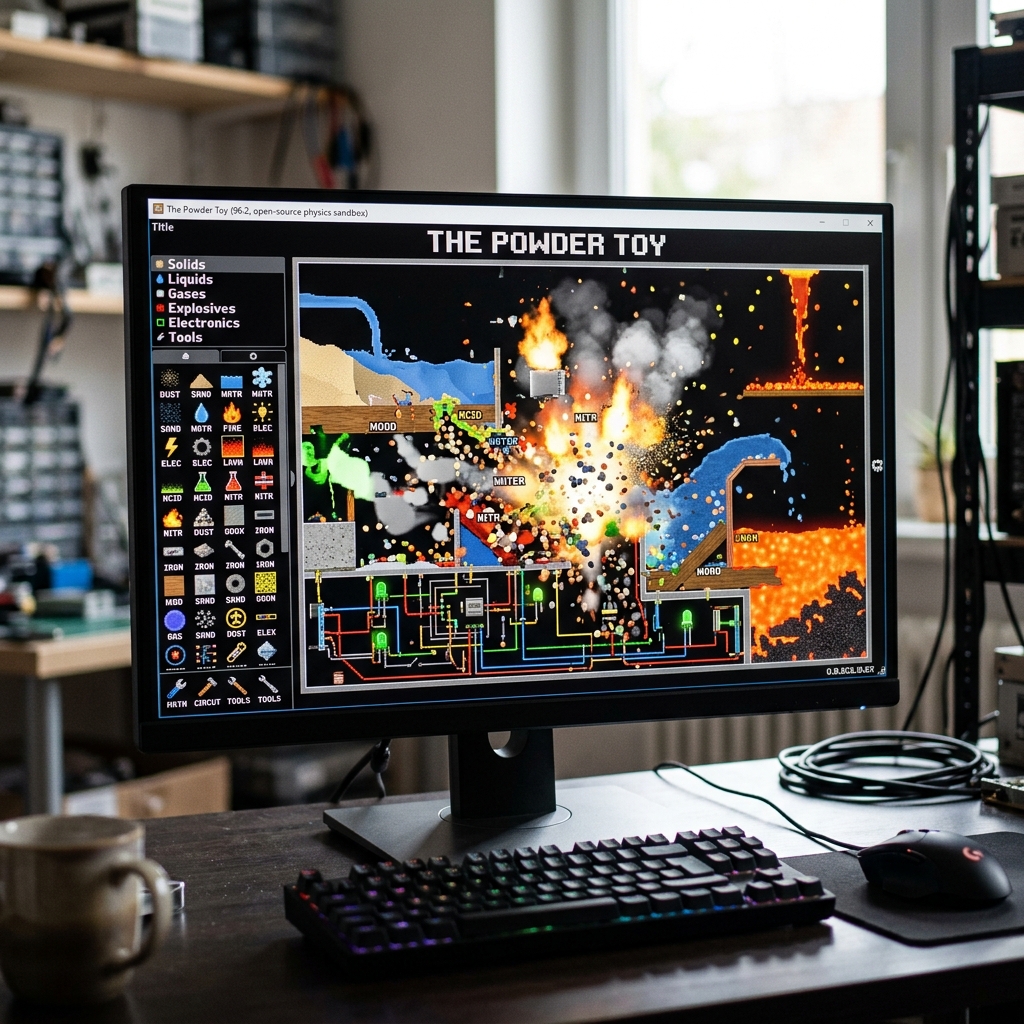 Screenshot der Physik-Sandbox "The Powder Toy" mit Explosionen und chemischen Reaktionen.