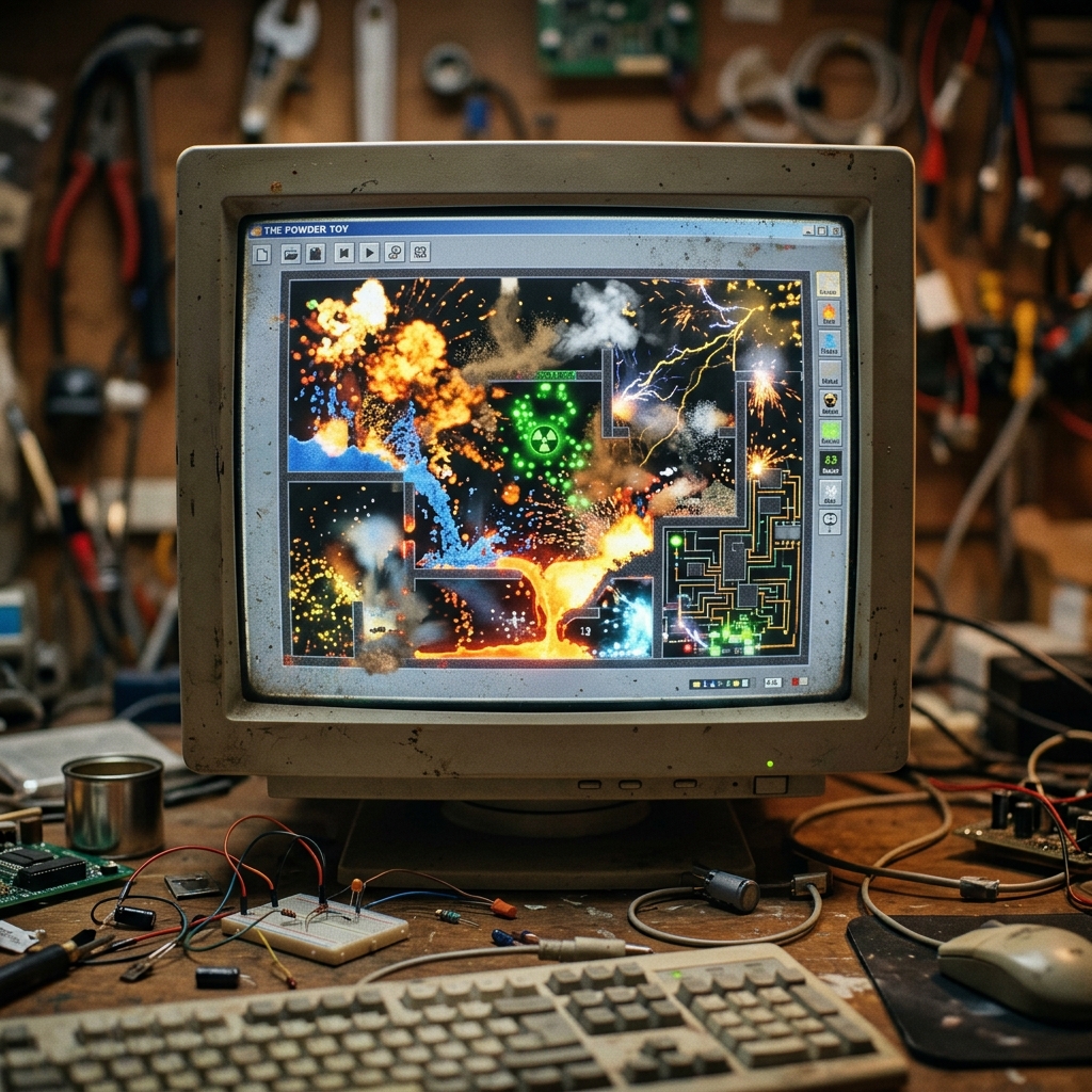 Alter Computer zeigt ein Spiel mit Explosionen und Effekten.