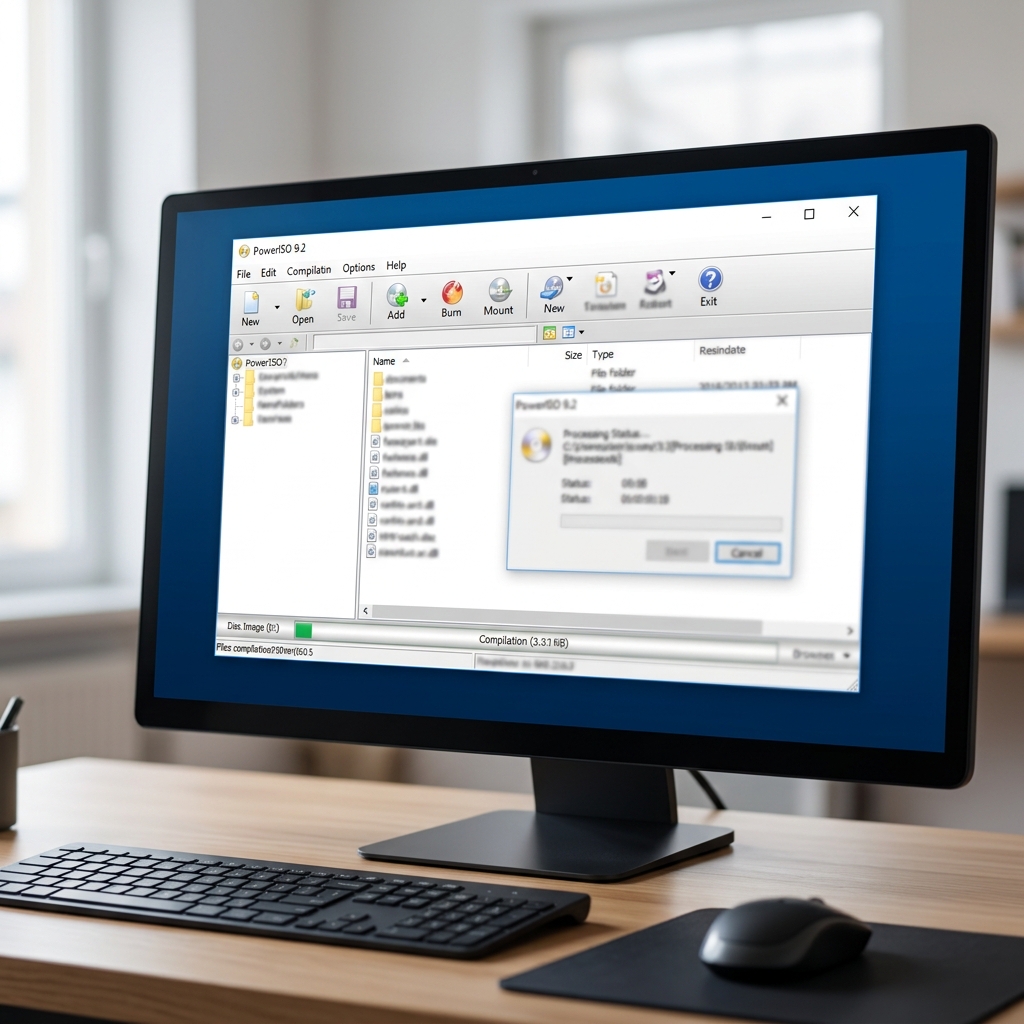 Computerbildschirm mit PowerISO-Software und Dateioptionen