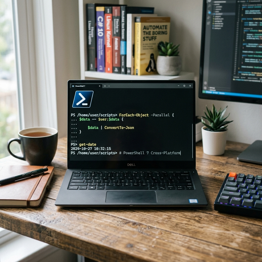 Laptop mit PowerShell-Skript und einer Tasse Kaffee auf einem Tisch.
