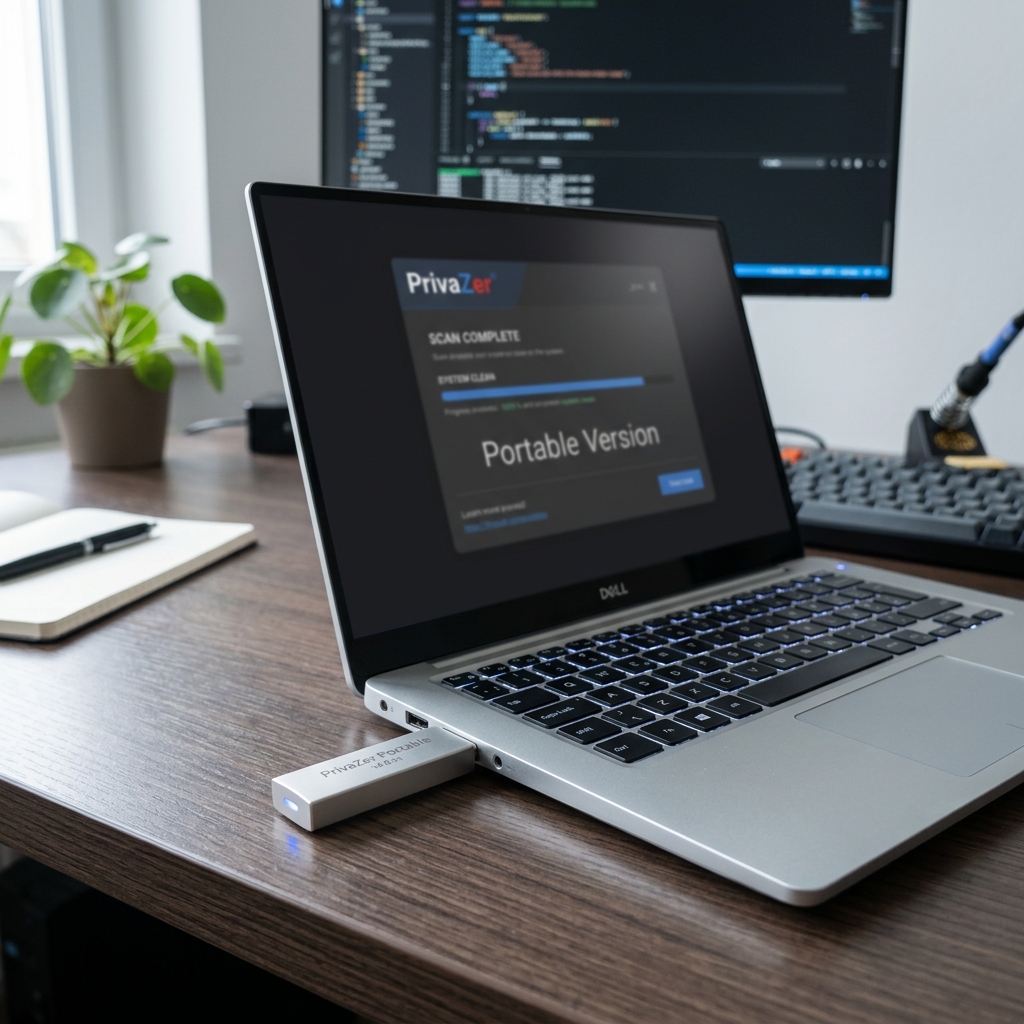 Laptop zeigt Software-Scan-Ergebnisse mit USB-Stick im Vordergrund.