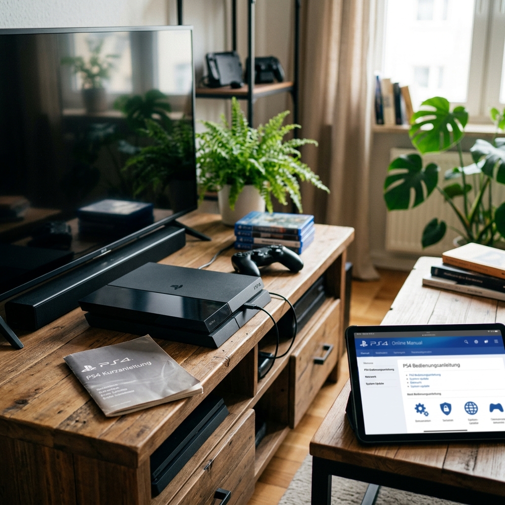 Ein Wohnzimmer mit einem Fernseher, PS4 und Pflanzen auf einem Holztisch.