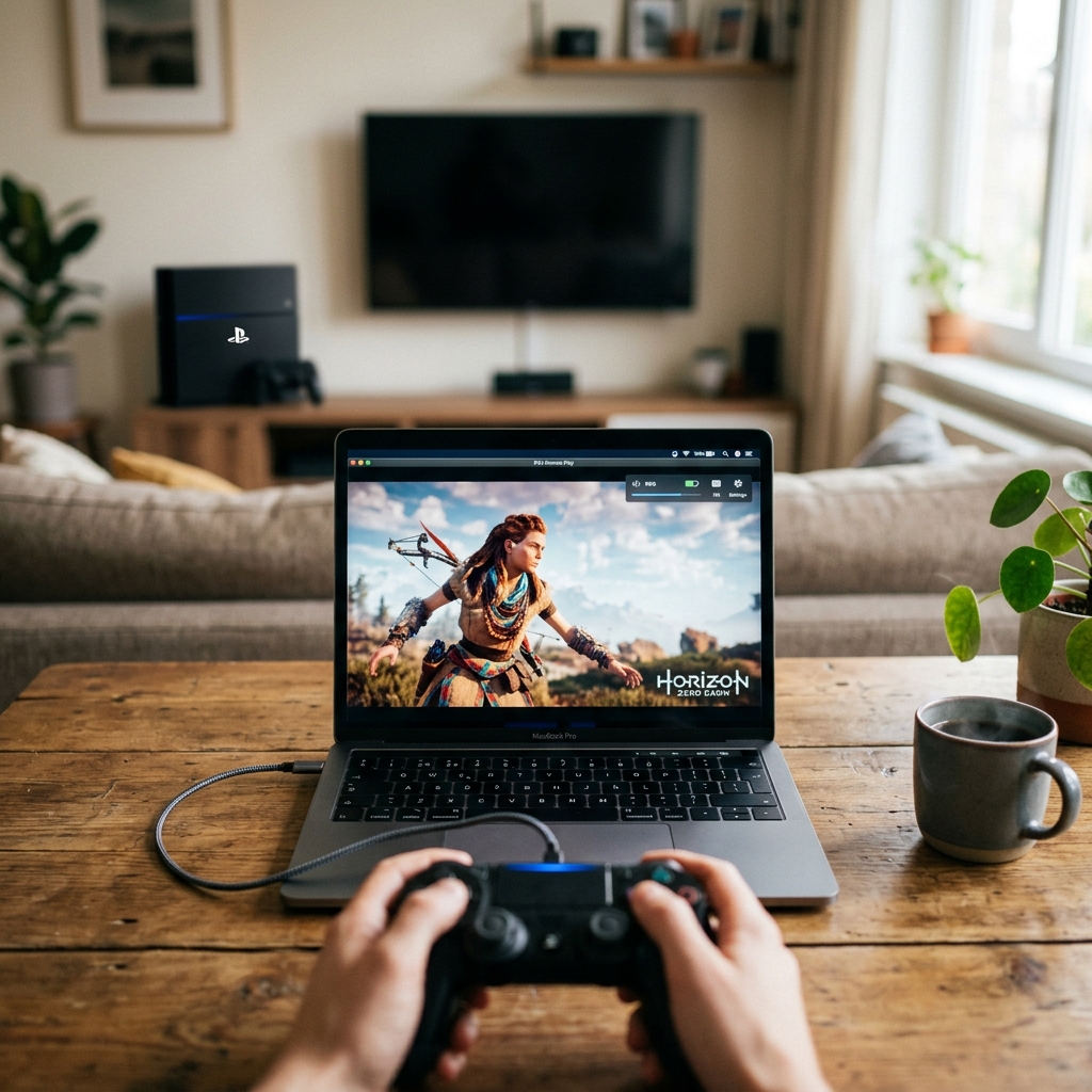 Laptop zeigt Gameplay von Horizon Zero Dawn, Gamecontroller in Händen, Wohnzimmerumgebung