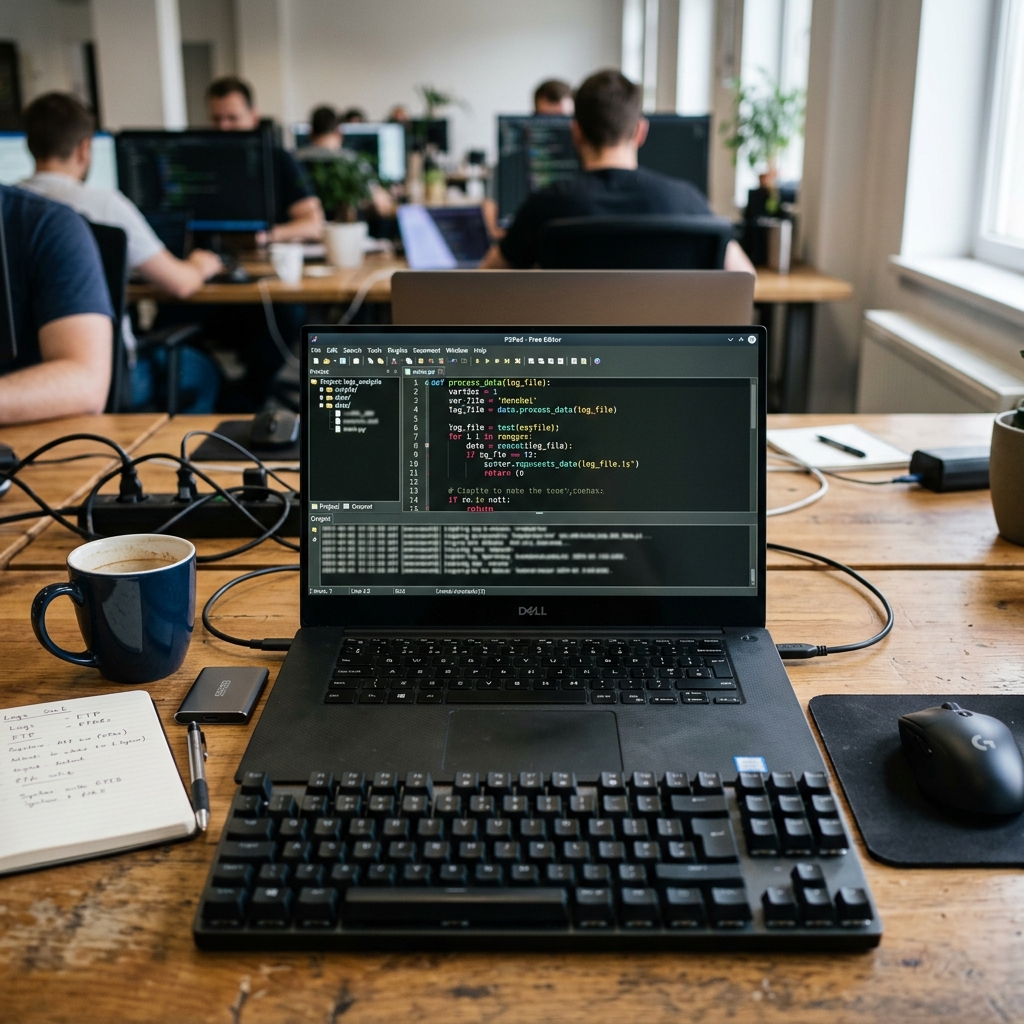 Ein Laptop auf einem Holzschreibtisch mit Kaffeetasse und Notizbuch