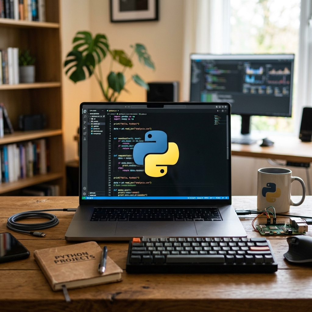 Laptop mit Python-Logo und Schreibutensilien auf einem Tisch