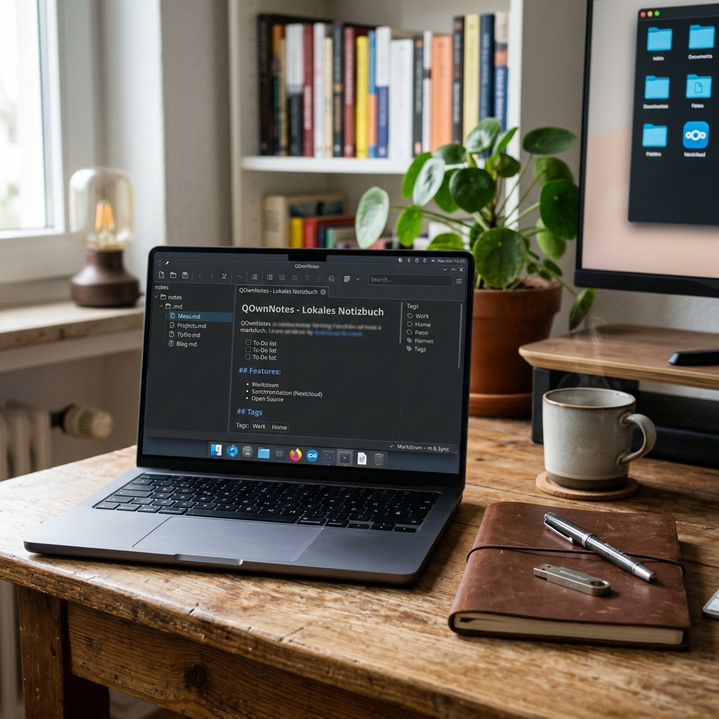 Laptop mit Notizen, einem Notizbuch und einer Tasse Kaffee auf einem Tisch.