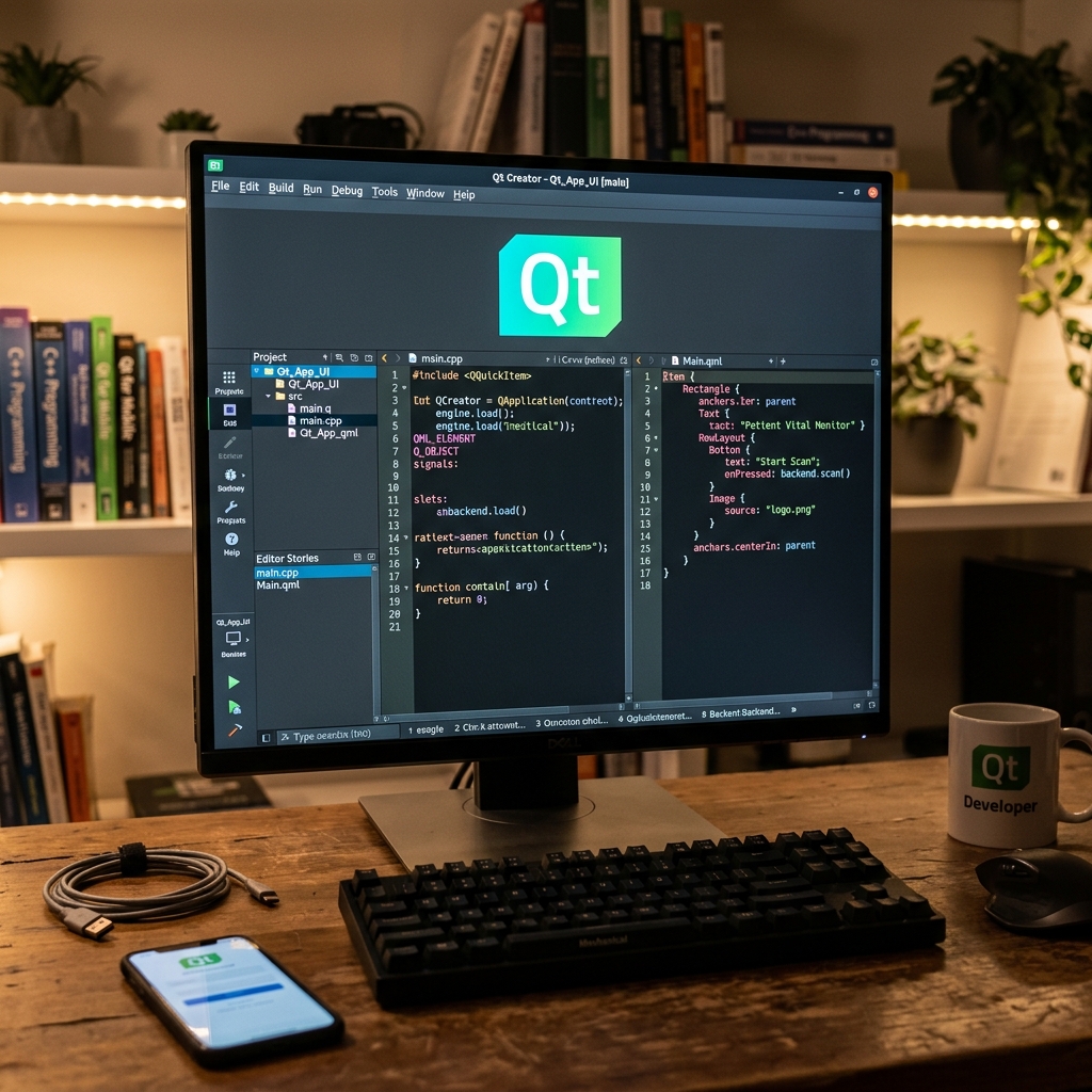 Bildschirm mit Qt Creator und Quellcode-Editor
