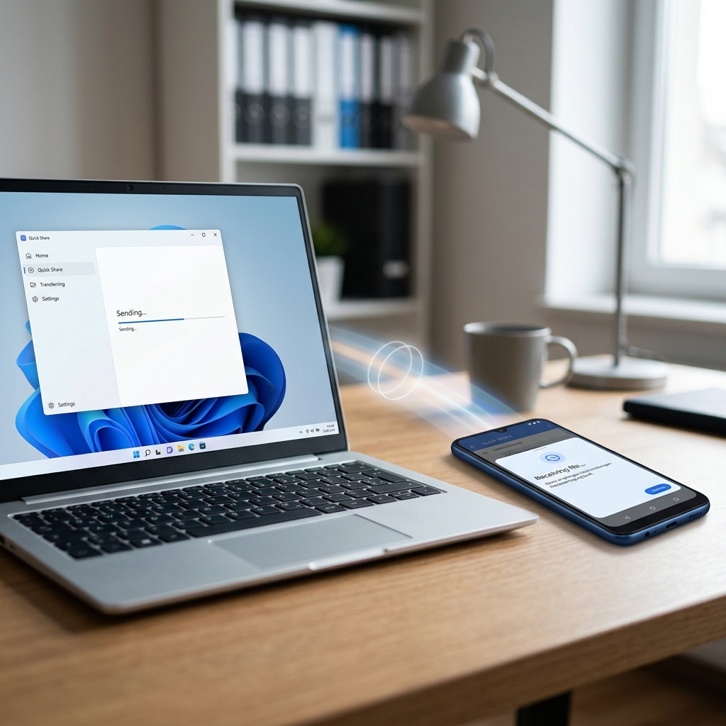 Laptop und Smartphone mit Übertragungsanzeige auf dem Tisch
