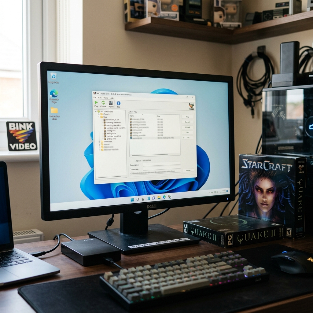 Ein Computerarbeitsplatz mit Monitor und Spielboxen.