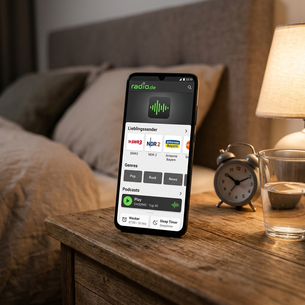 Smartphone auf Holz-Nachttisch mit Radio-App und Wecker