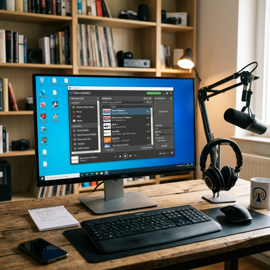 Ein Computer mit Radio-App, Mikrofon und Kopfhörern auf einem Schreibtisch.