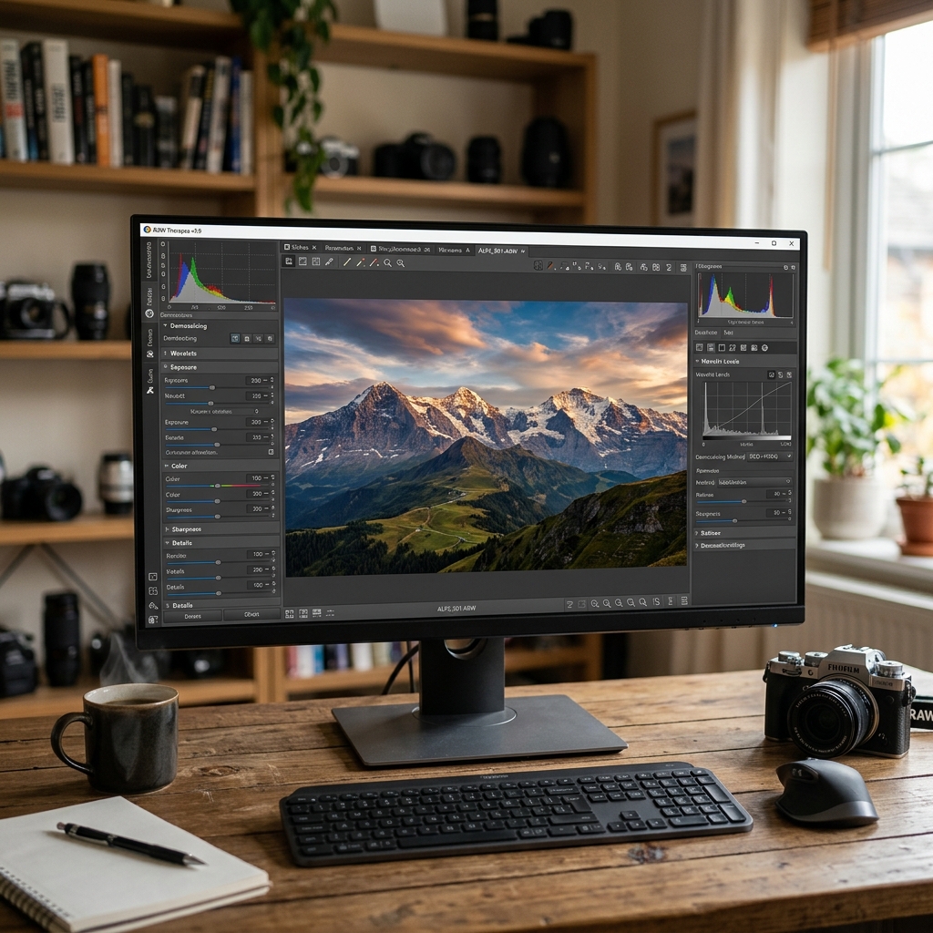 Ein Computerarbeitsplatz mit Monitor, Tastatur und Kamera auf einem Tisch.