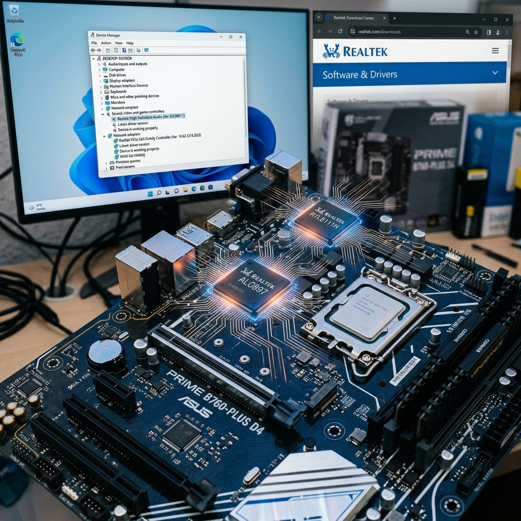 Close-up of a motherboard with monitors displaying software information.