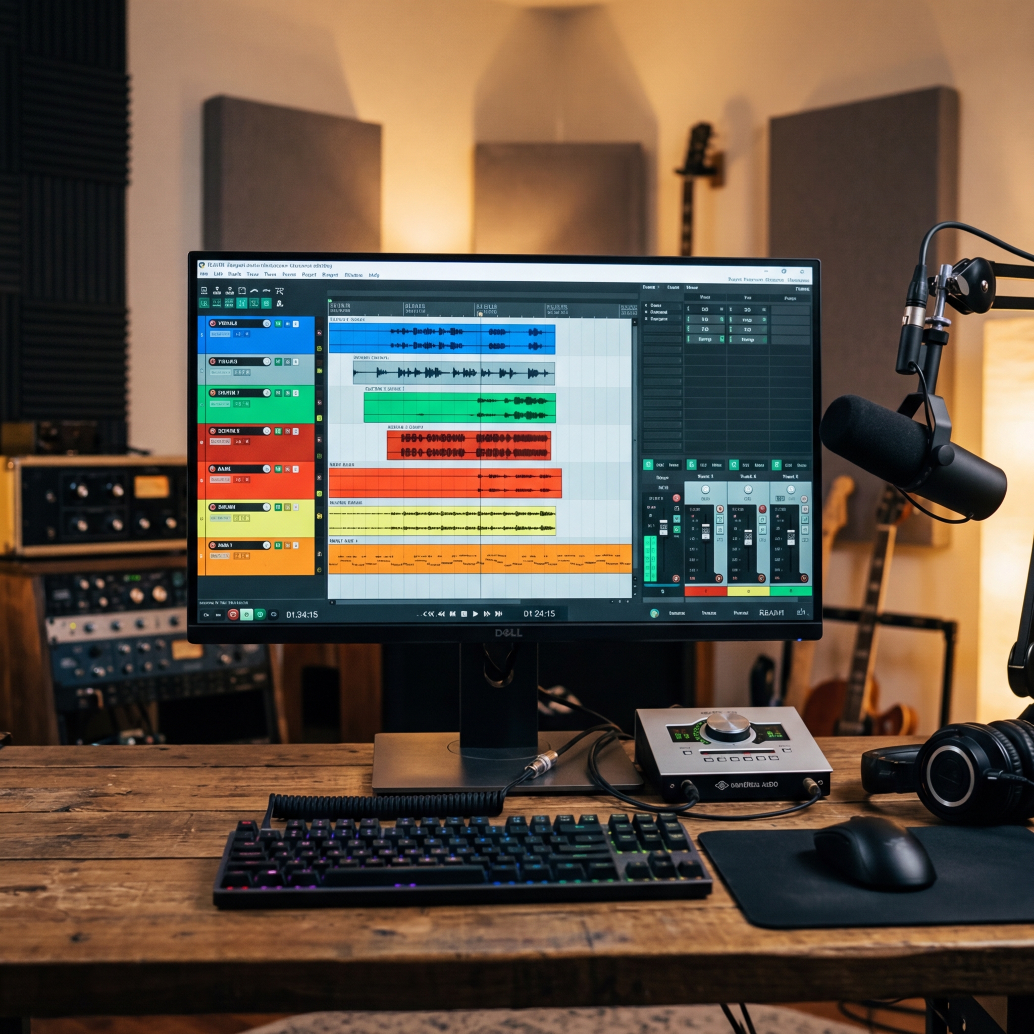 Tonstudio mit Bildschirm, Mischpult und Mikrofon.