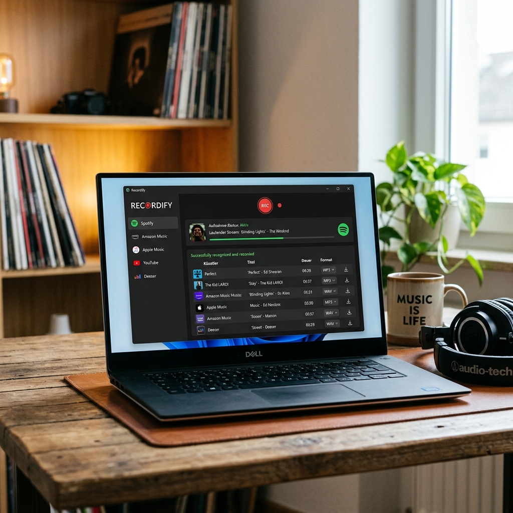 Laptop mit Musiksoftware auf einem Holzschreibtisch