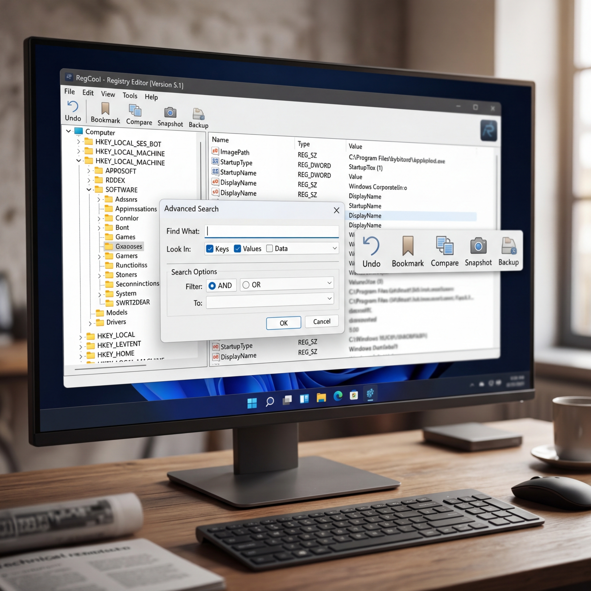 Screenshot des Registry Editors mit erweiterten Suchoptionen