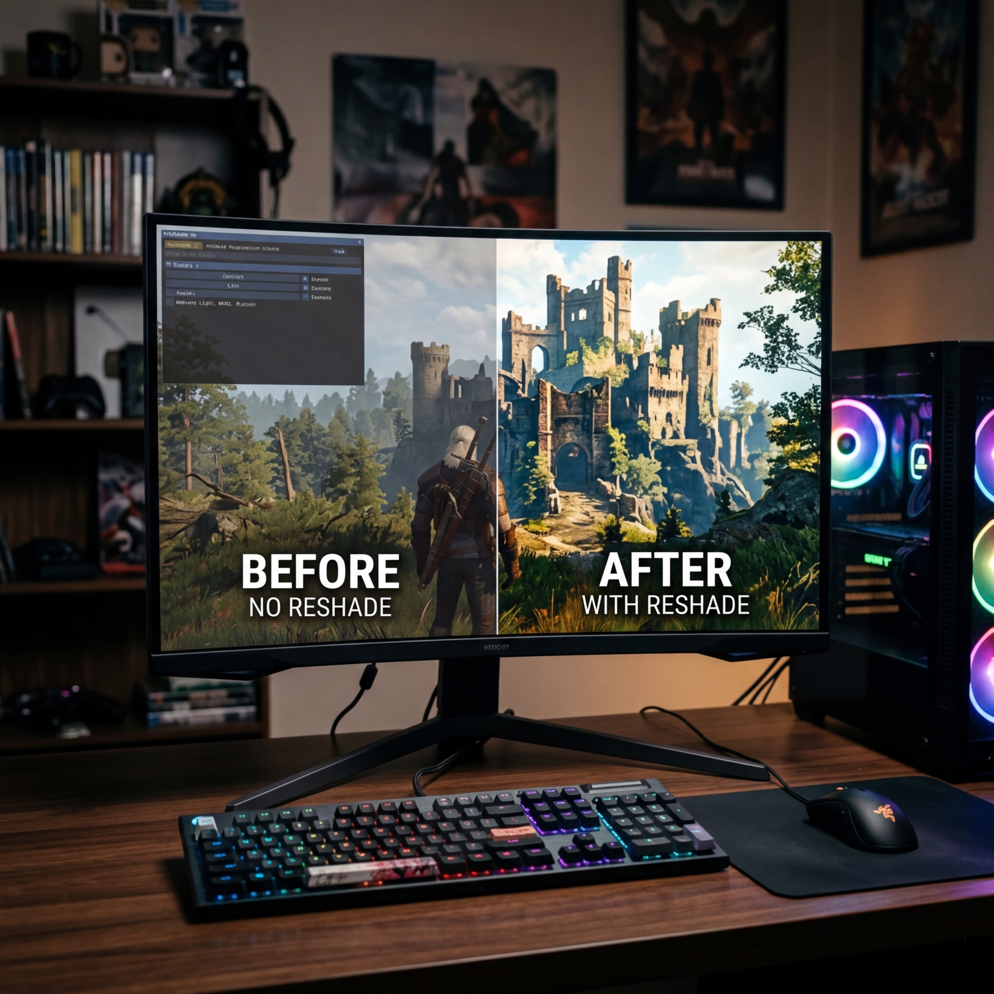 Vergleich zwischen Grafikeinstellungen im Spiel, bevor und nach Reshade