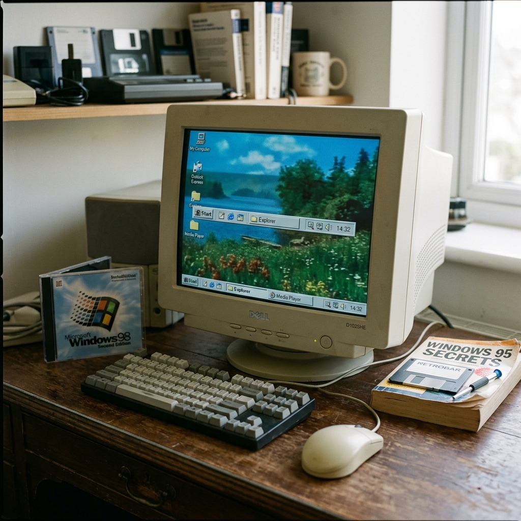 Ein alter Computer mit Windows 98 auf einem Holzschreibtisch.