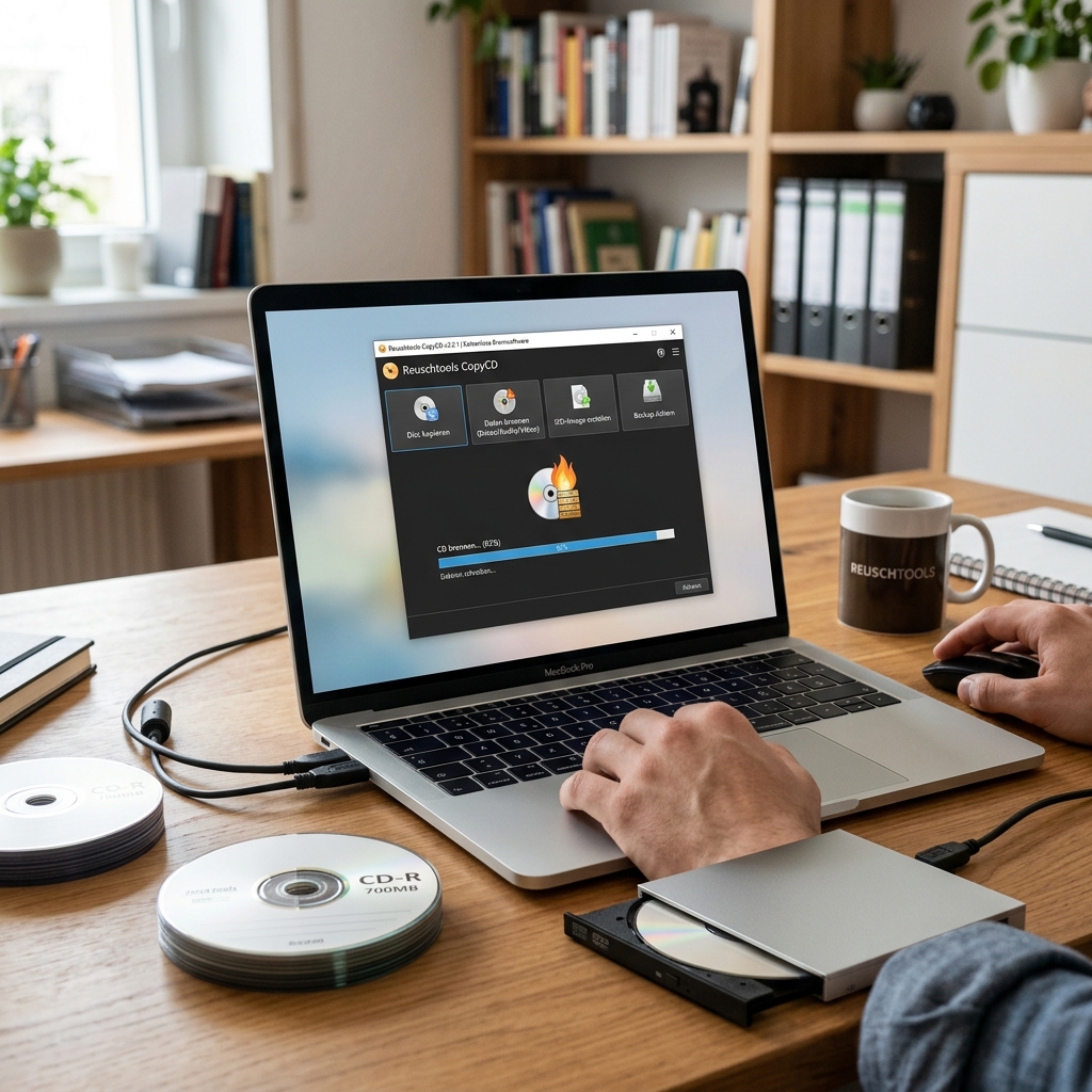 Laptop zeigt Backup-Software, externe CD-Laufwerk und CDs sind sichtbar.