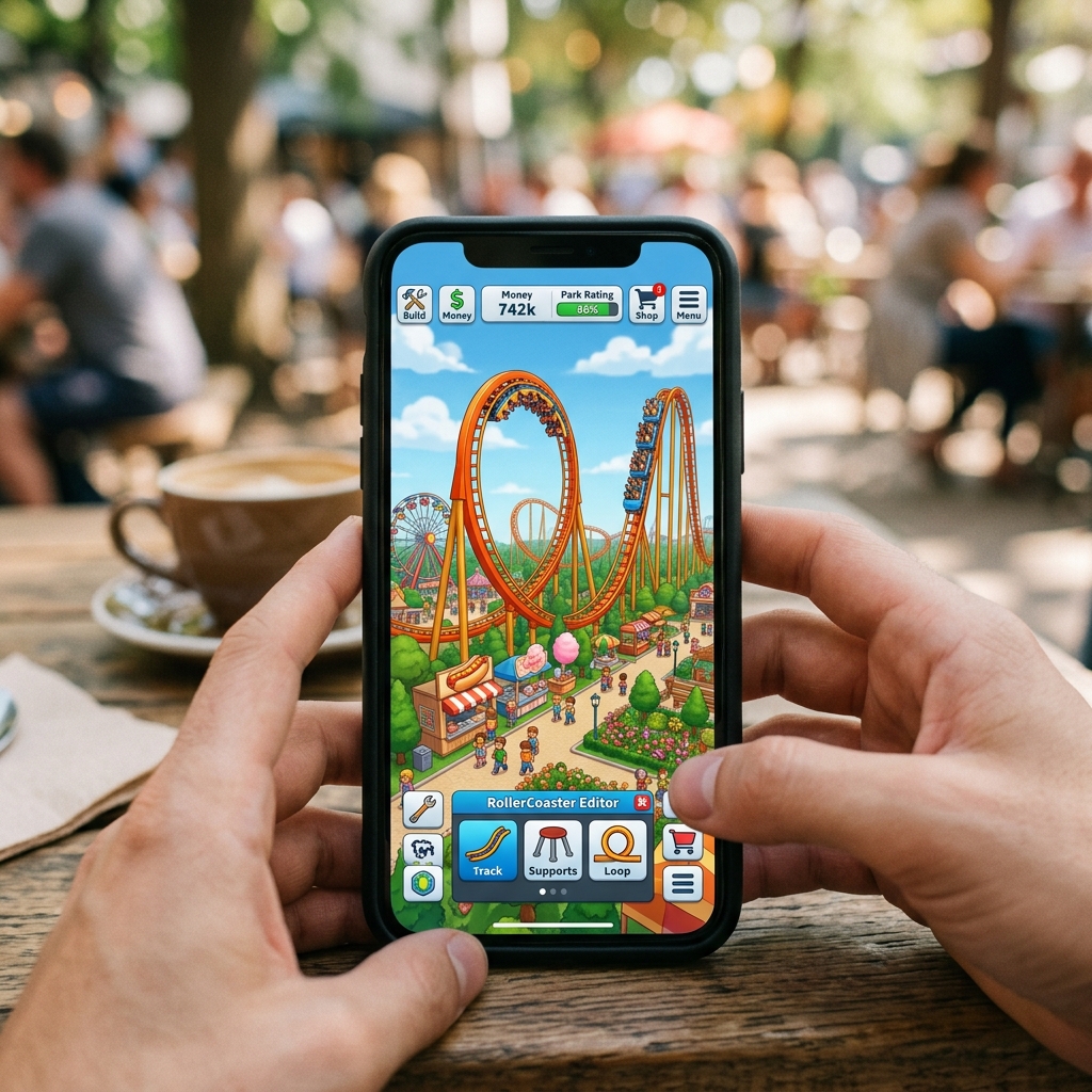 Smartphone zeigt das Design eines Freizeitpark-Spiels mit Achterbahn