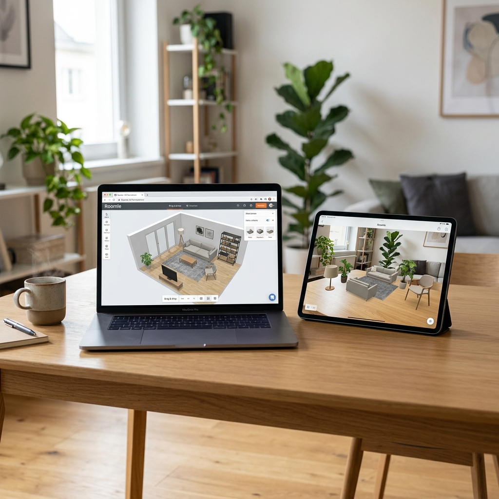 Laptop und Tablet mit Innenarchitektur Software auf einem Tisch