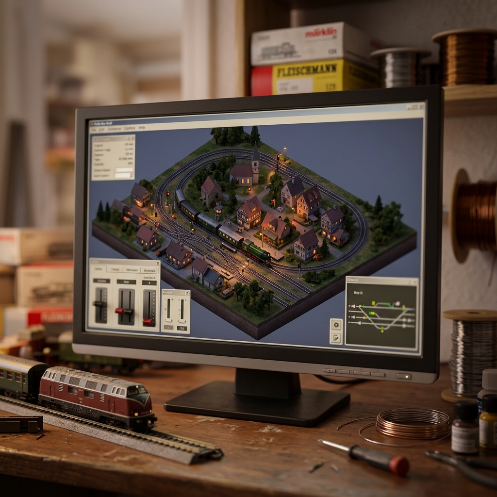Bildschirm mit Modellbahn-Software und Landschaft