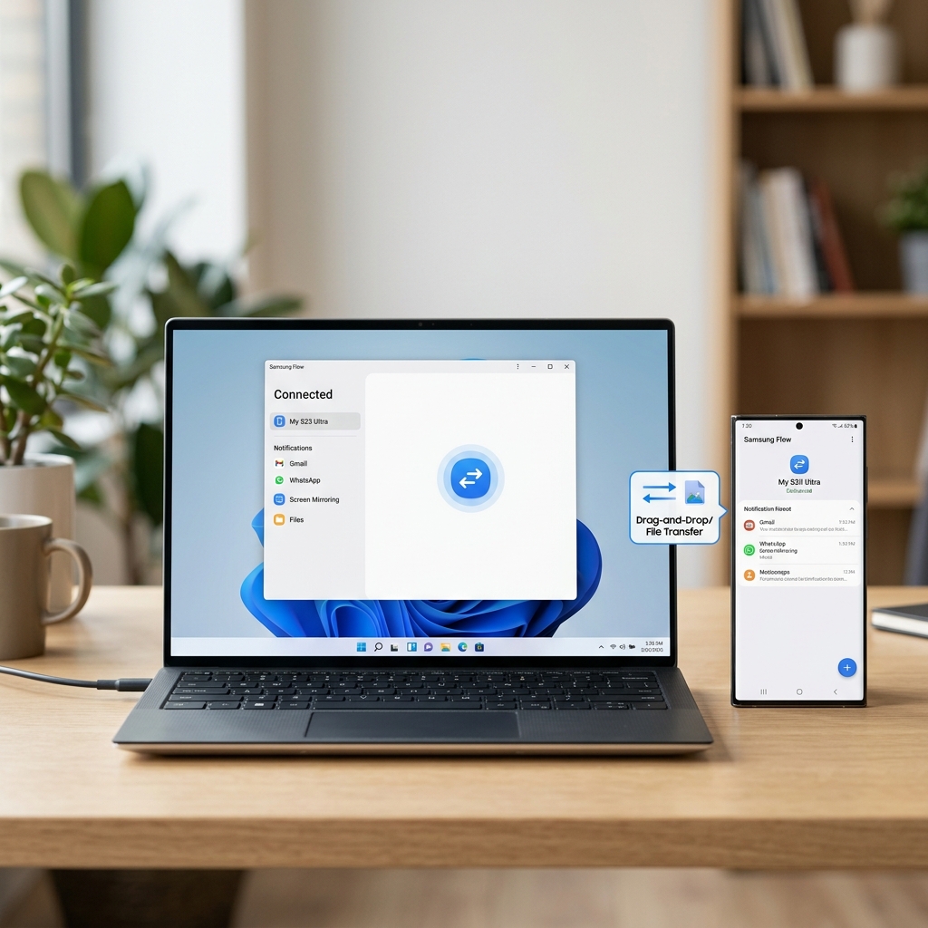 Laptop und Smartphone zeigen die Samsung Flow App für Dateitransfer