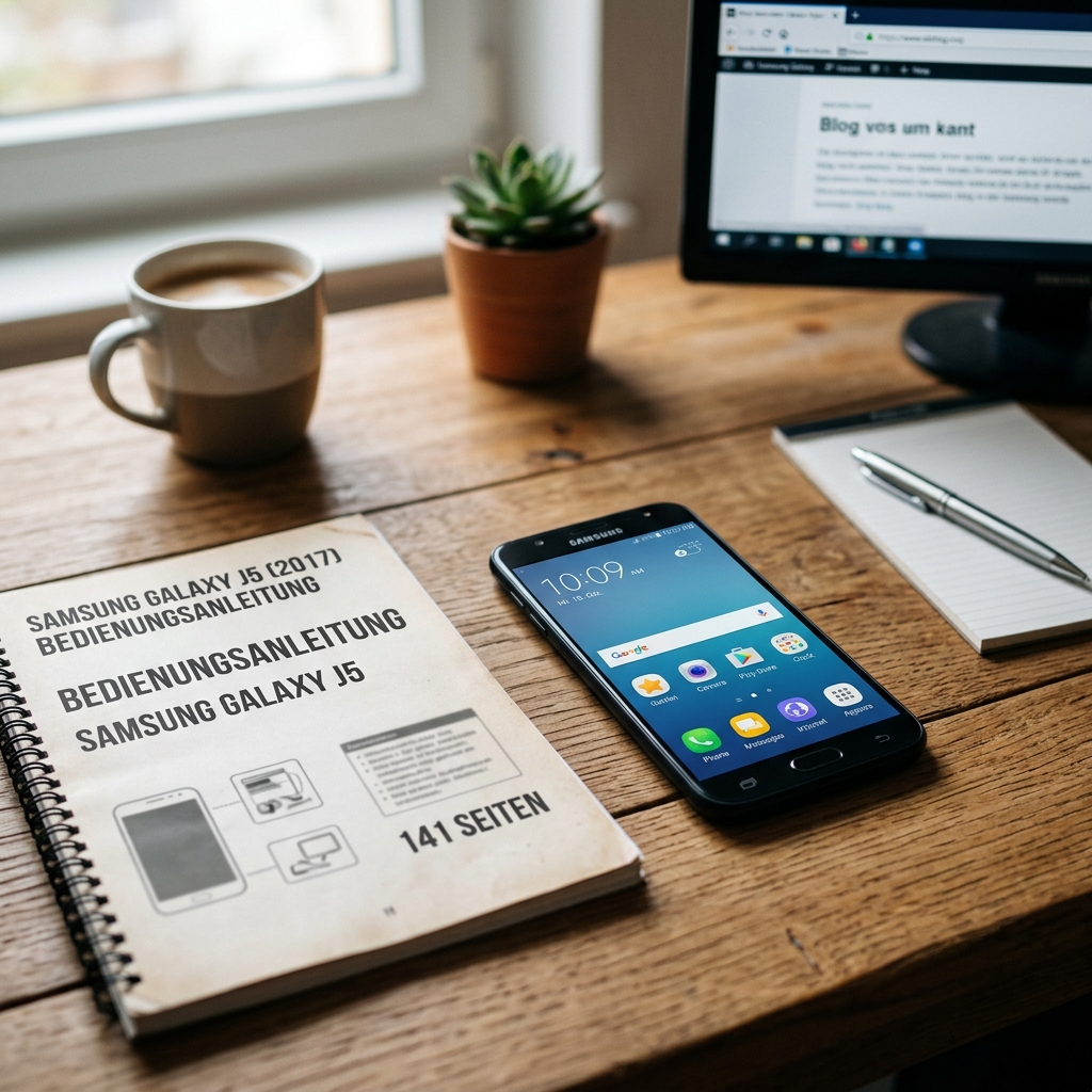 Ein Schreibtisch mit einem Smartphone, einer Bedienungsanleitung und einer Kaffeetasse