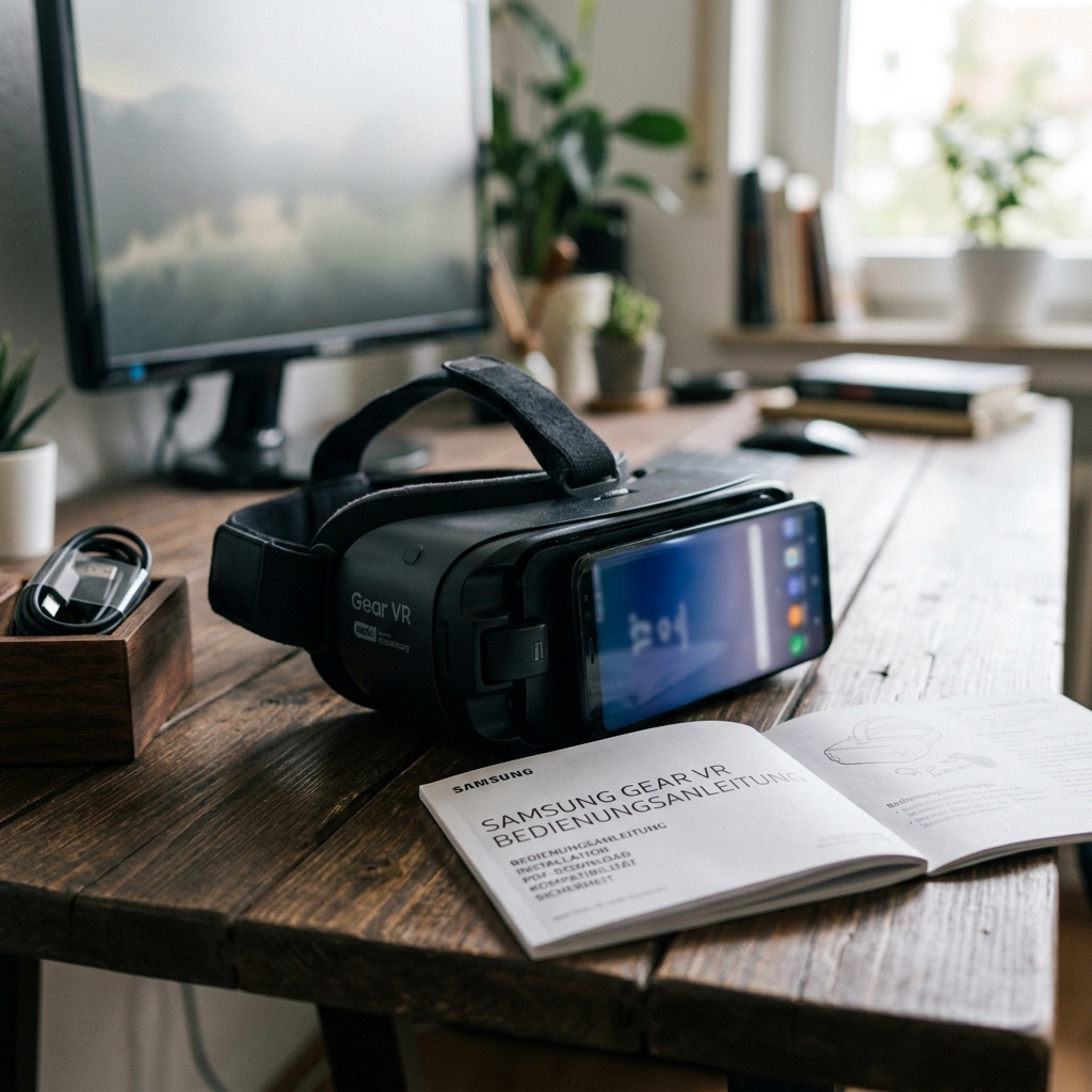 Samsung Gear VR neben Bedienungsanleitung auf einem Holztisch