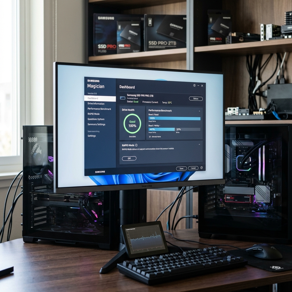 Dashboard showing Samsung SSD performance metrics and drive health.