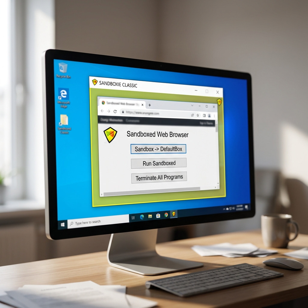 Screenshot of Sandboxie Classic web browser interface on a monitor.