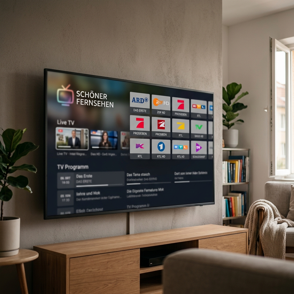 Ein Fernseher zeigt eine Programmliste mit Sendern und Informationen.