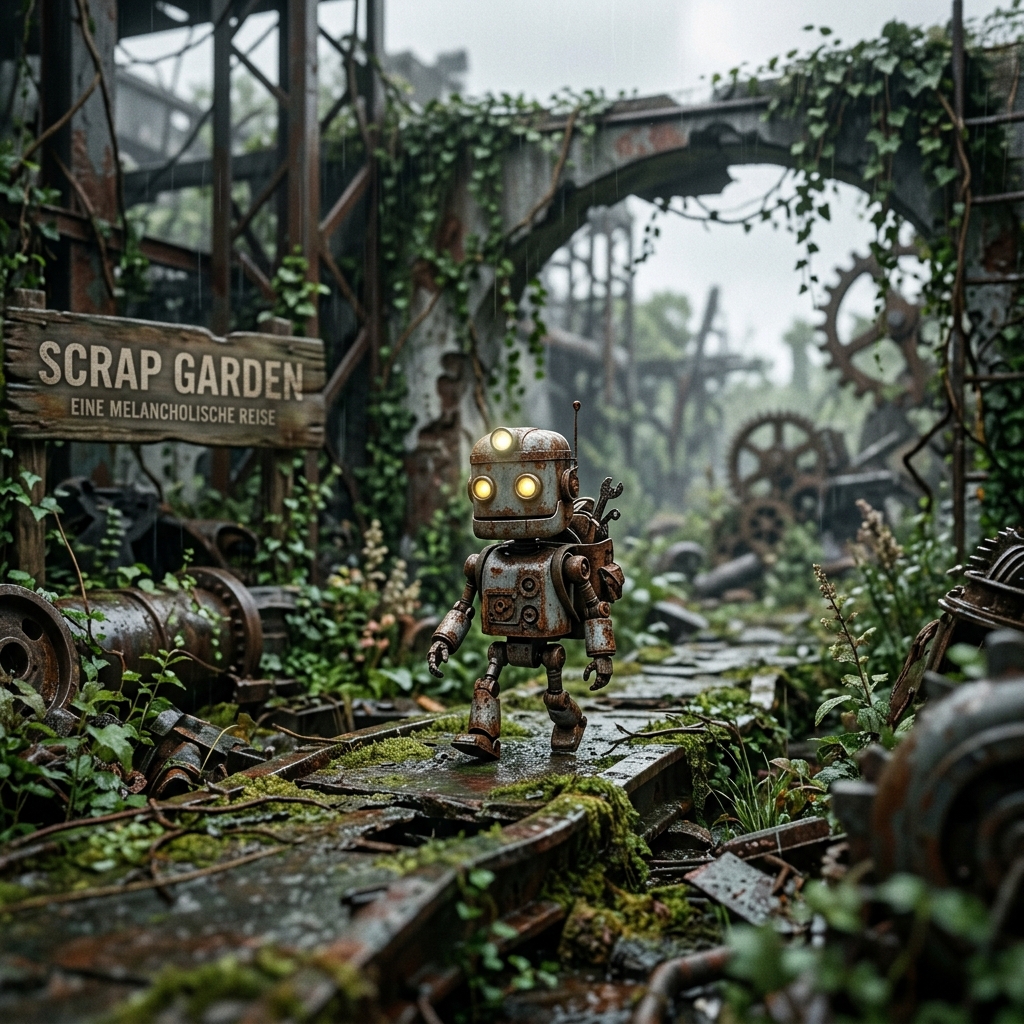 Ein kleiner Roboter steht in einem verfallenen Garten voller Pflanzen und Rost.