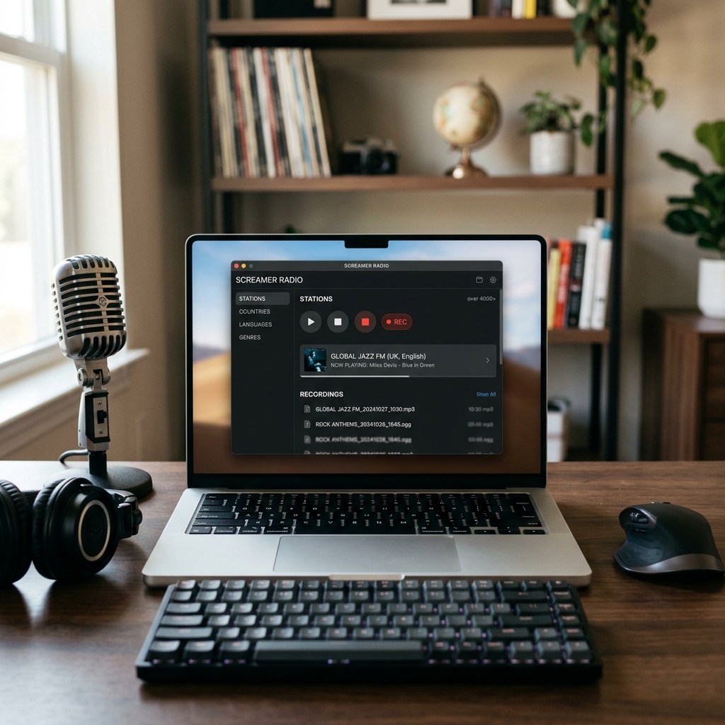 Laptop mit Screamer Radio Software und Mikrofon auf einem Tisch
