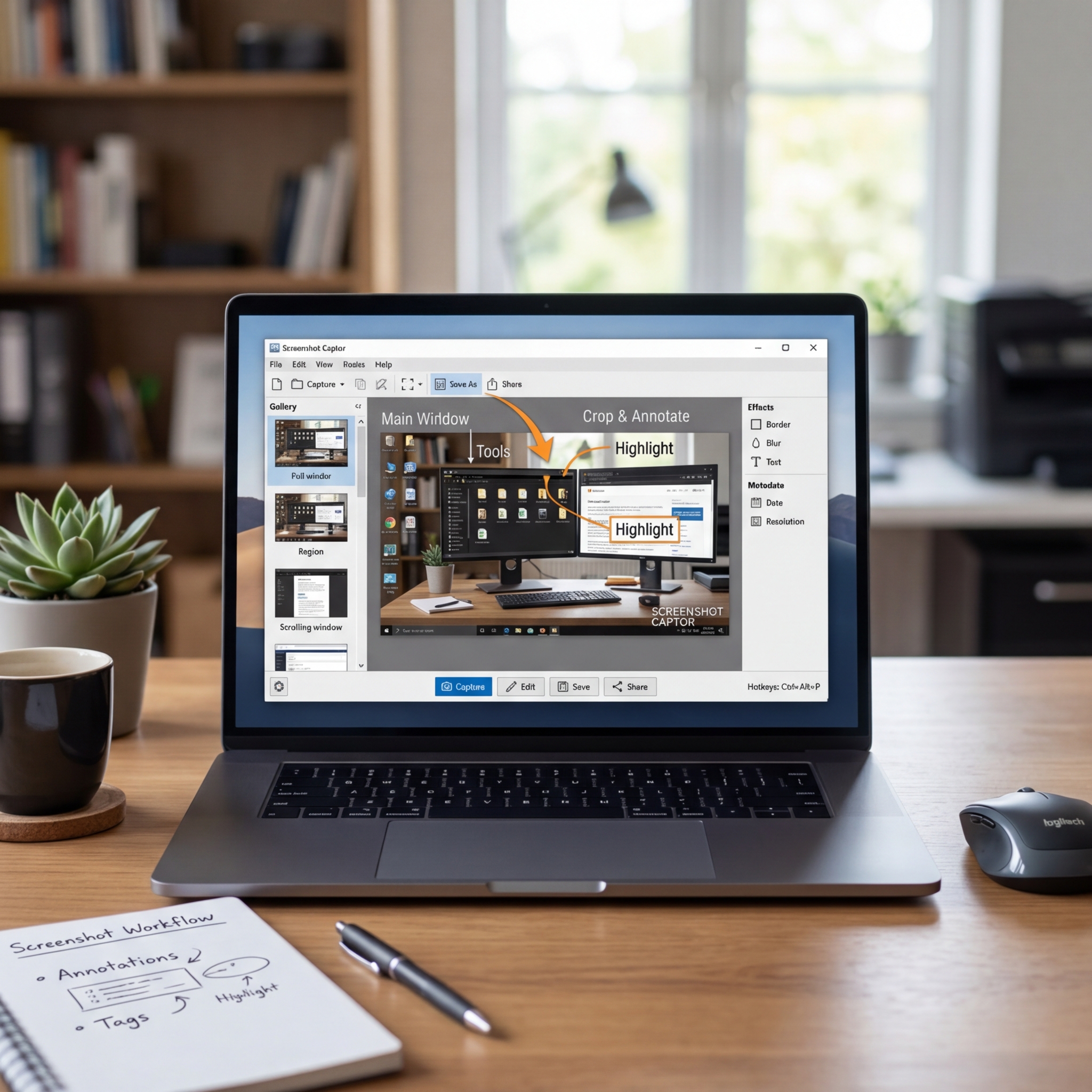 Screenshot-Capture-Software auf einem Laptop mit Notizblock