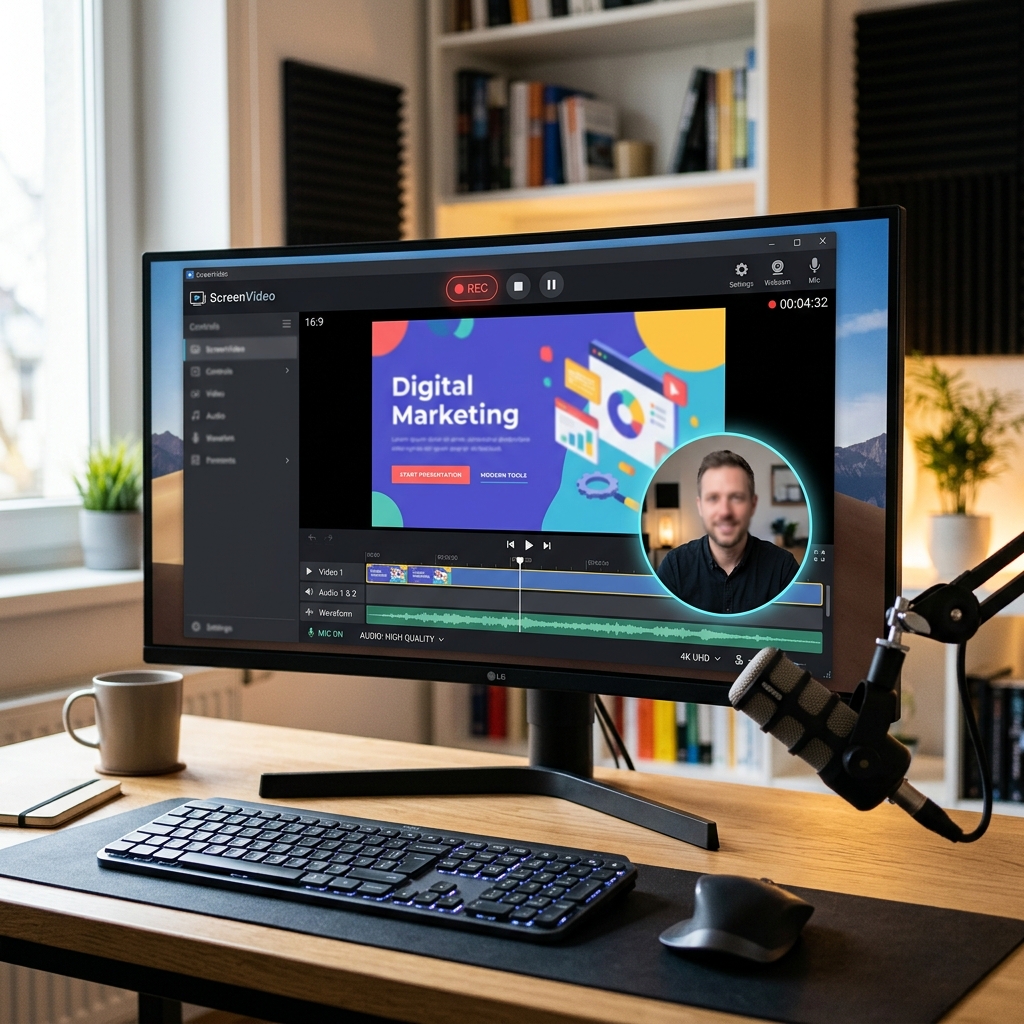 Monitor zeigt Software für digitale Marketing Präsentation mit Aufnahmefunktion