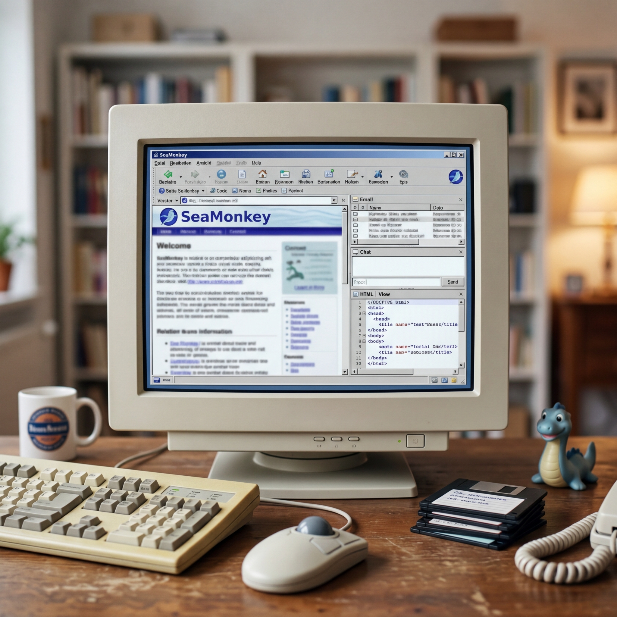 Ein Computer mit SeaMonkey-Software auf dem Bildschirm, umgeben von Zubehör.