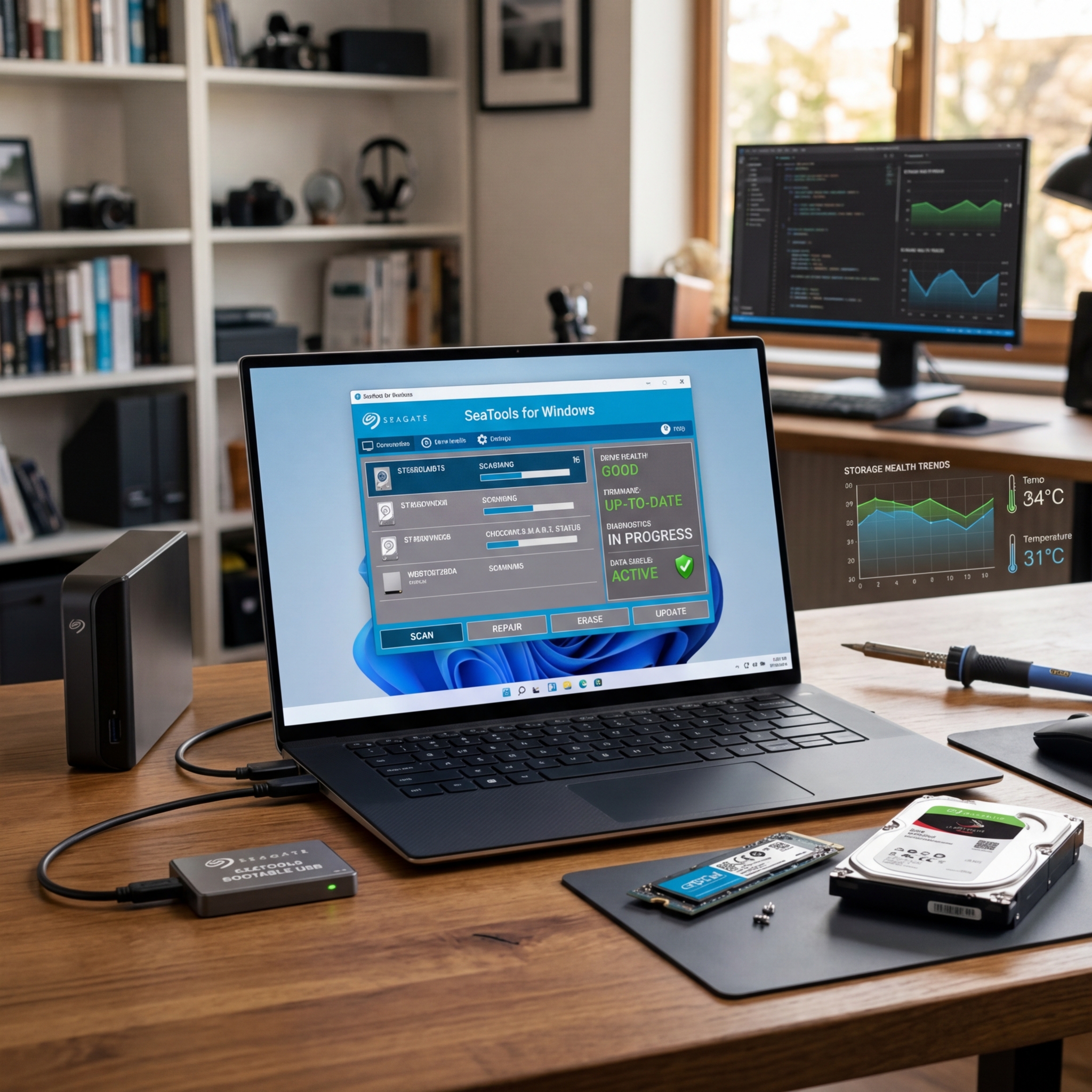 Laptop mit Software zur Festplattentest und externen Speichermedien