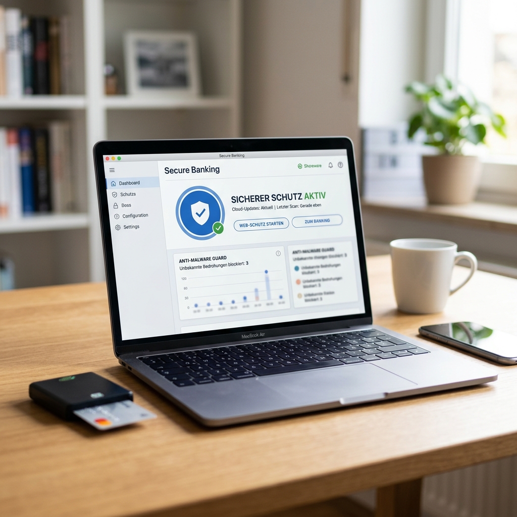 Laptop mit Sicherheitssoftware für Online-Banking auf einem Tisch.