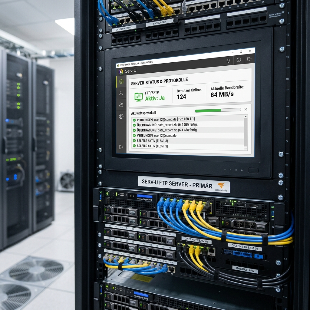 Bild eines Serverraums mit einem Monitor, der FTP-Server-Statistiken anzeigt.