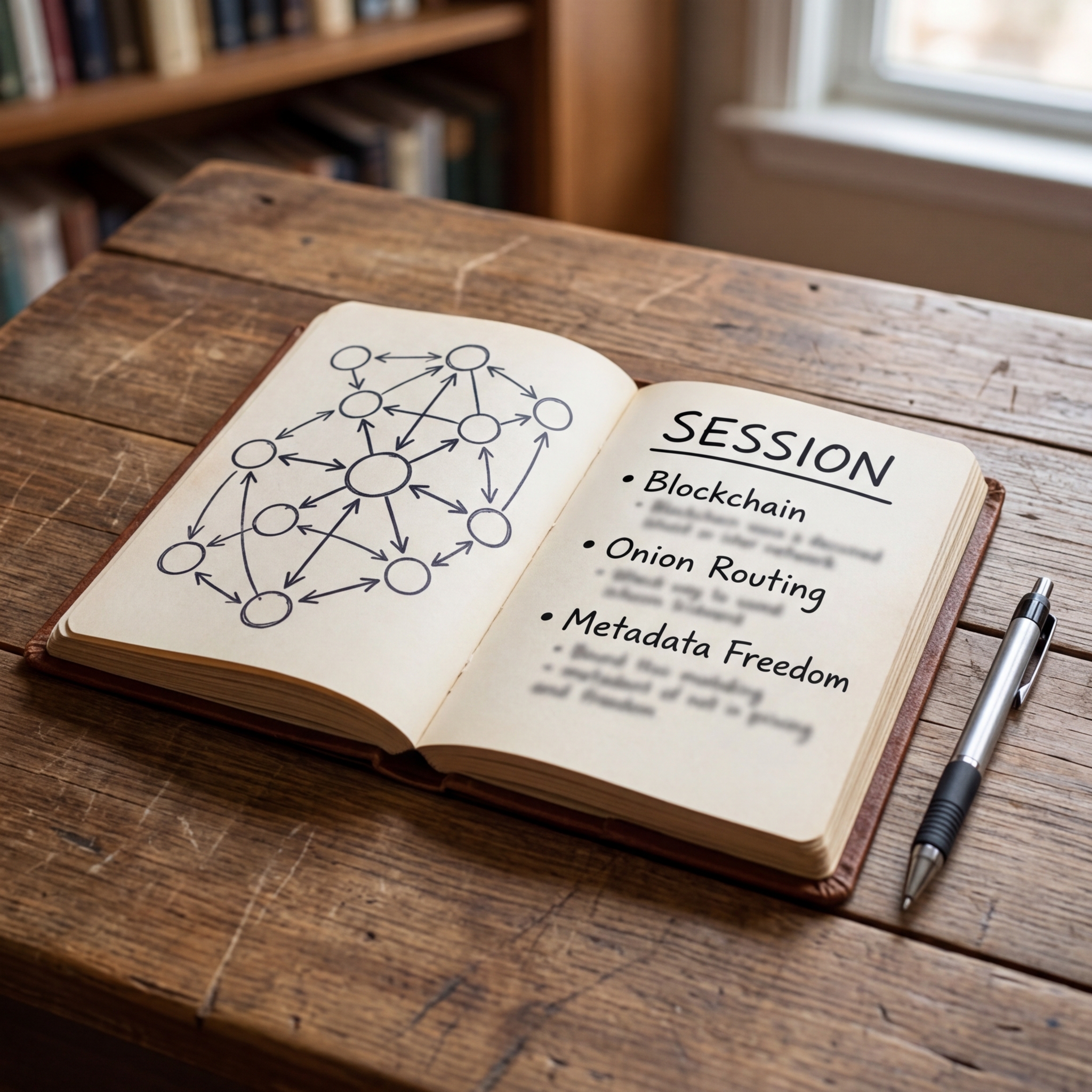 Offenes Notizbuch mit Diagramm und Aufzählungen zu Blockchain, Onion Routing und Metadata Freedom
