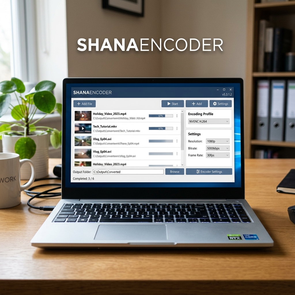 Laptop zeigt Shana Encoder Software mit Video Konvertierungsoptionen.